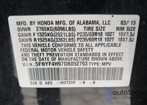 2013 Honda Pilot Touring from USA, damaged, VIN 5FNYF4H97DB052793